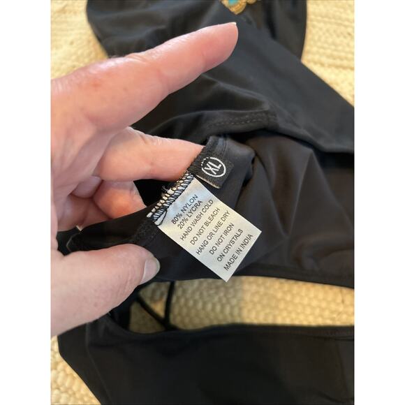 Asa Kaftans Black Turquoise Color Gems Gold Beaded Halter Swim Suit Size XL - Picture 7 of 10